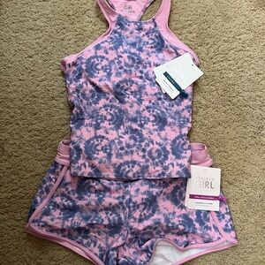 Athleta Girl Pink and Blue Tie-Dye Swimsuit Set